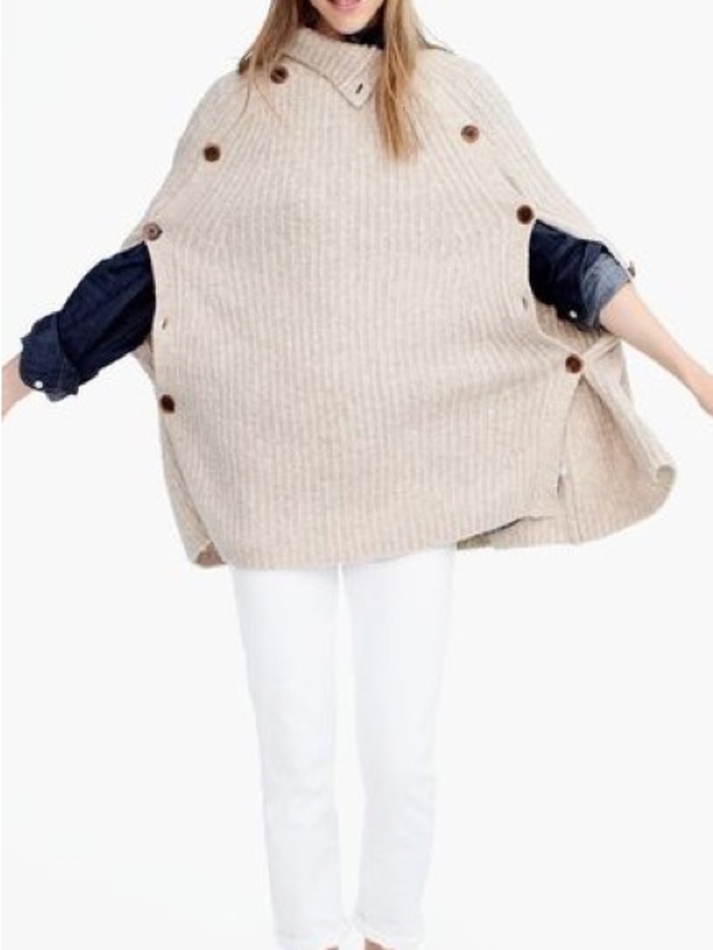 New J.Crew Ribbed Knit Side-Button Turtleneck Sweater Poncho Cape Sz Large / XL